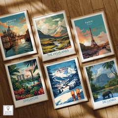 Lech Zürs am Arlberg Ski Wall Art Ski Print among framed travel posters, highlighting winter sports and scenic destinations.