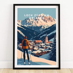 Ski Print Lech Zürs am Arlberg Austria showcasing a skier overlooking the picturesque village and mountains.