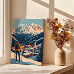 Ski Print Lech Zürs am Arlberg Austria showcasing a skier overlooking a mountain village.
