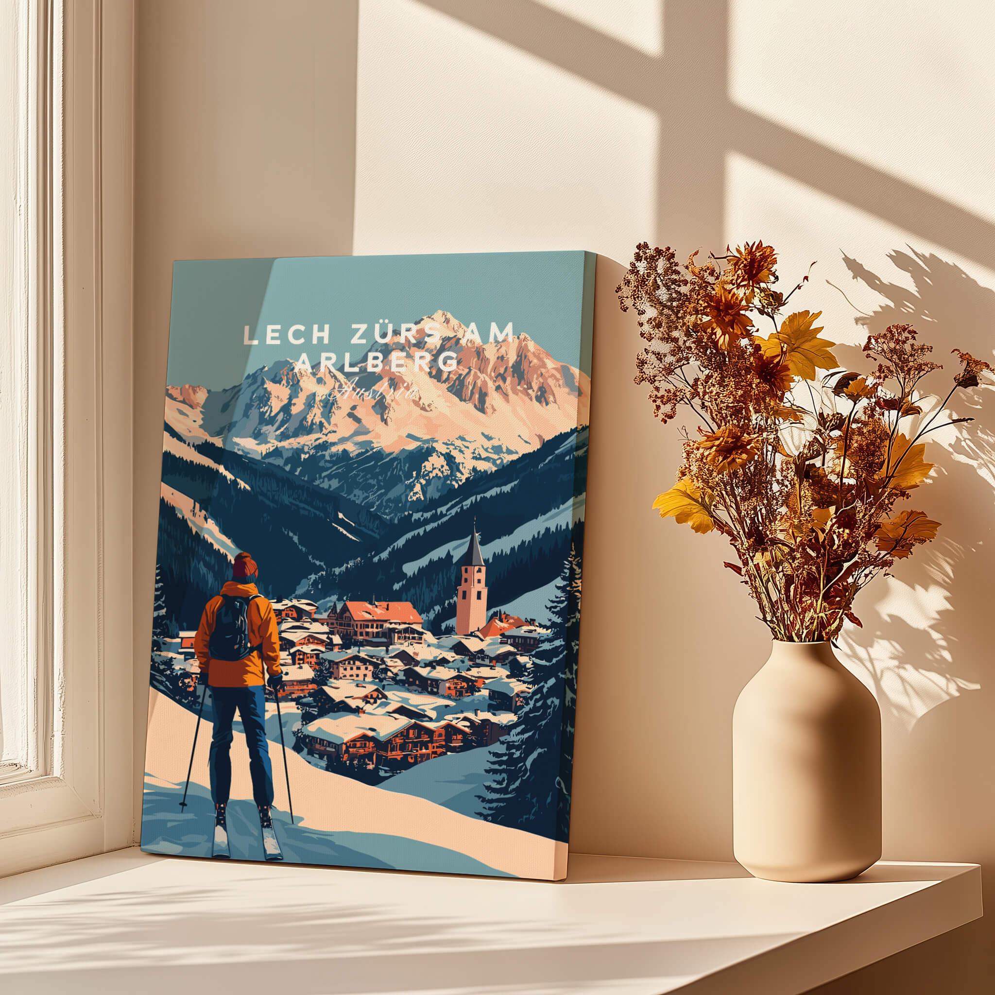 Ski Print Lech Zürs am Arlberg Austria showcasing a skier overlooking a mountain village.