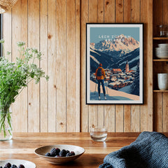 Ski Print Lech Zürs am Arlberg Austria showcasing a skier against a scenic mountain backdrop.
