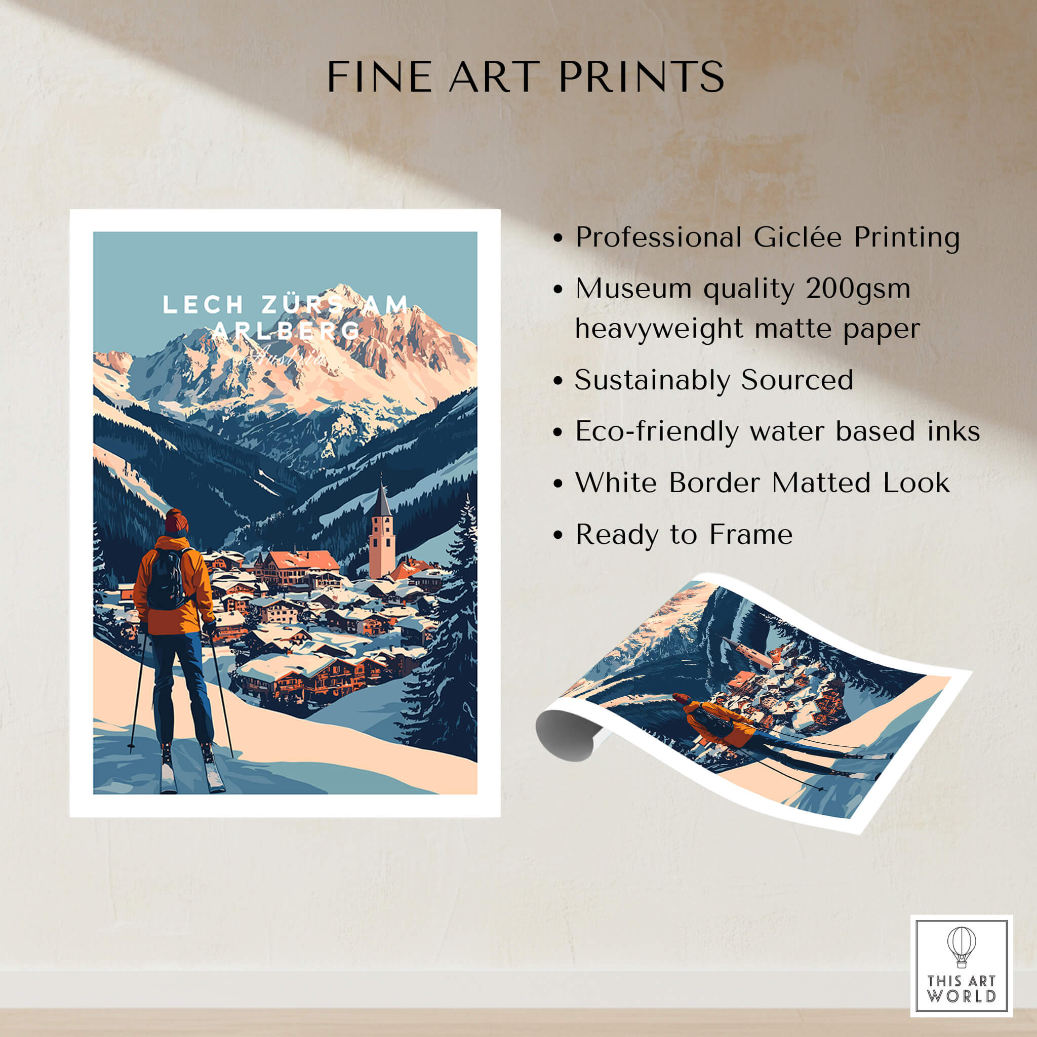 Ski Print Lech Zürs am Arlberg Austria showcasing a picturesque ski landscape with mountains and a charming village.
