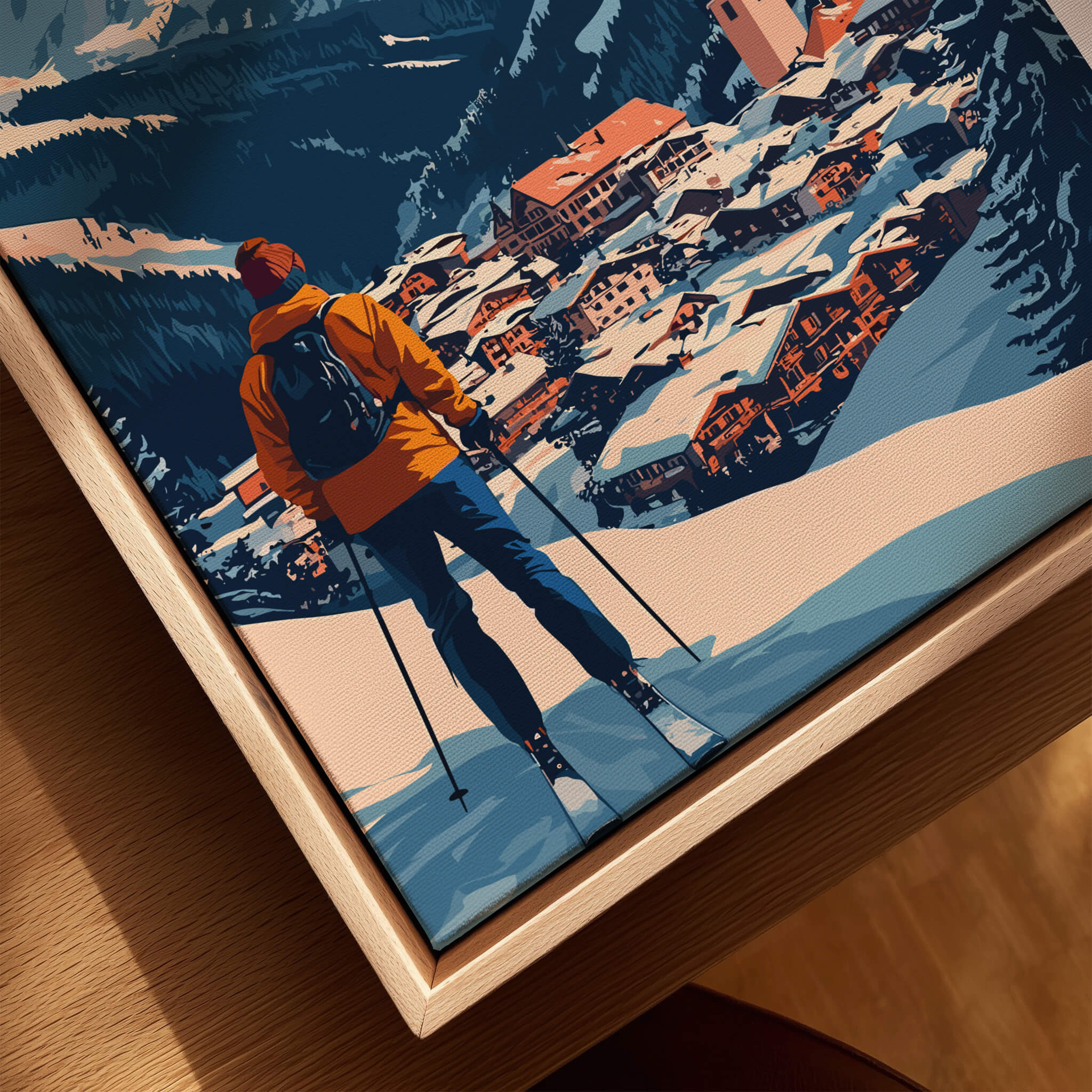 Ski Print Lech Zürs am Arlberg Austria showcasing a skier overlooking the picturesque village and snow-covered slopes.