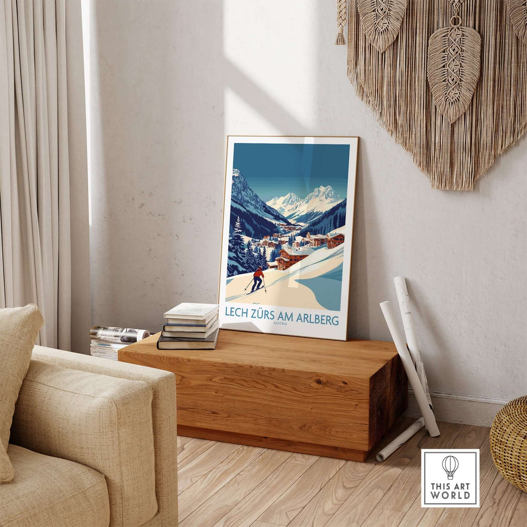 Lech Zürs am Arlberg ski poster displayed in a cozy living room setting, showcasing snowy slopes and majestic mountains.