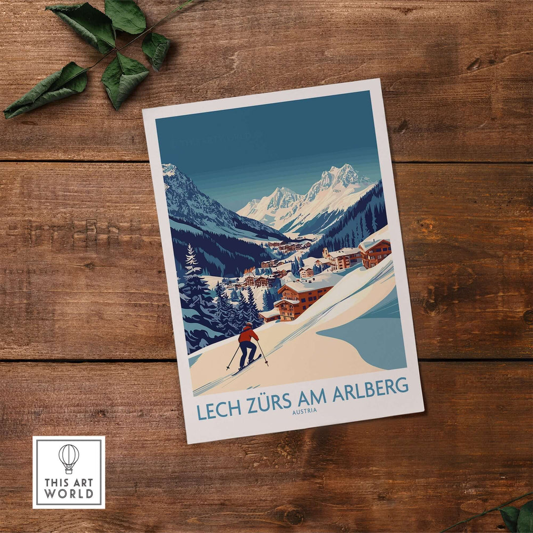 Lech Zürs am Arlberg poster featuring a skier and stunning mountain scenery in Austria, perfect for winter adventure decor.