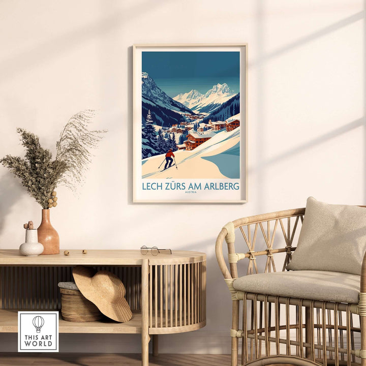 Lech Zürs am Arlberg ski poster displayed in a stylish living room setting, showcasing the breathtaking Austrian slopes.