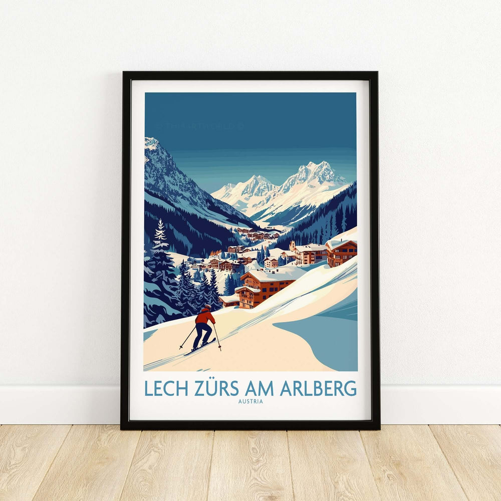 Lech Zürs am Arlberg poster showcasing a skier on snowy slopes in Austria with stunning mountain backdrop.