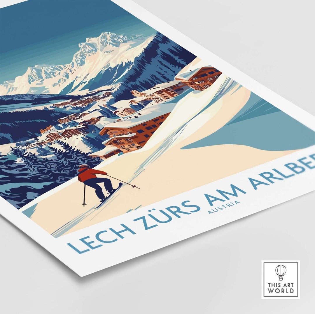 Lech Zürs am Arlberg poster showcasing skiing in Austria's stunning mountain landscape. Perfect for ski lovers and adventure enthusiasts.