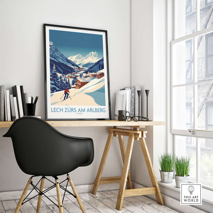 Lech Zürs am Arlberg poster displayed in a modern workspace, showcasing stunning alpine scenery and ski culture in Austria.