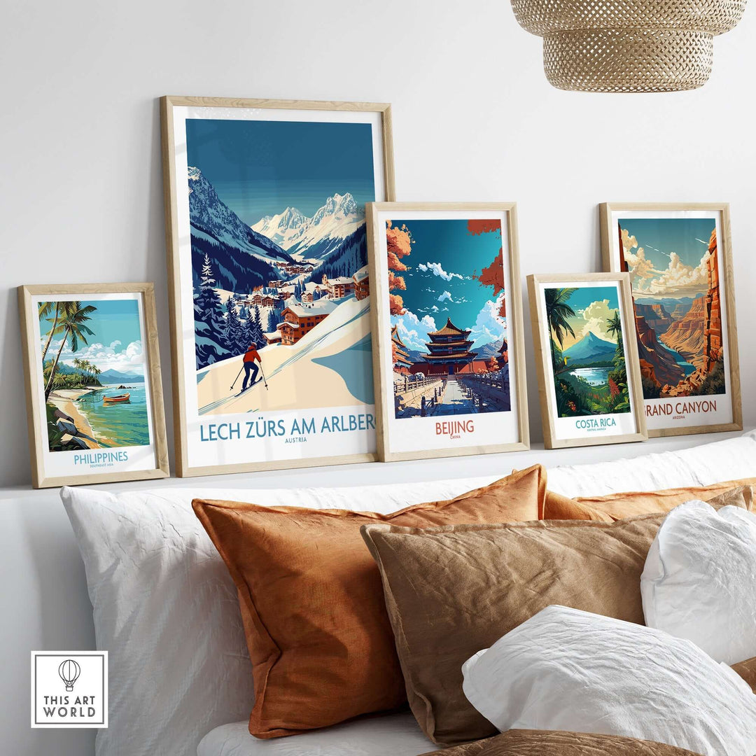 Lech Zürs am Arlberg poster among various travel art prints on a stylish wall display. Perfect for adventure enthusiasts.