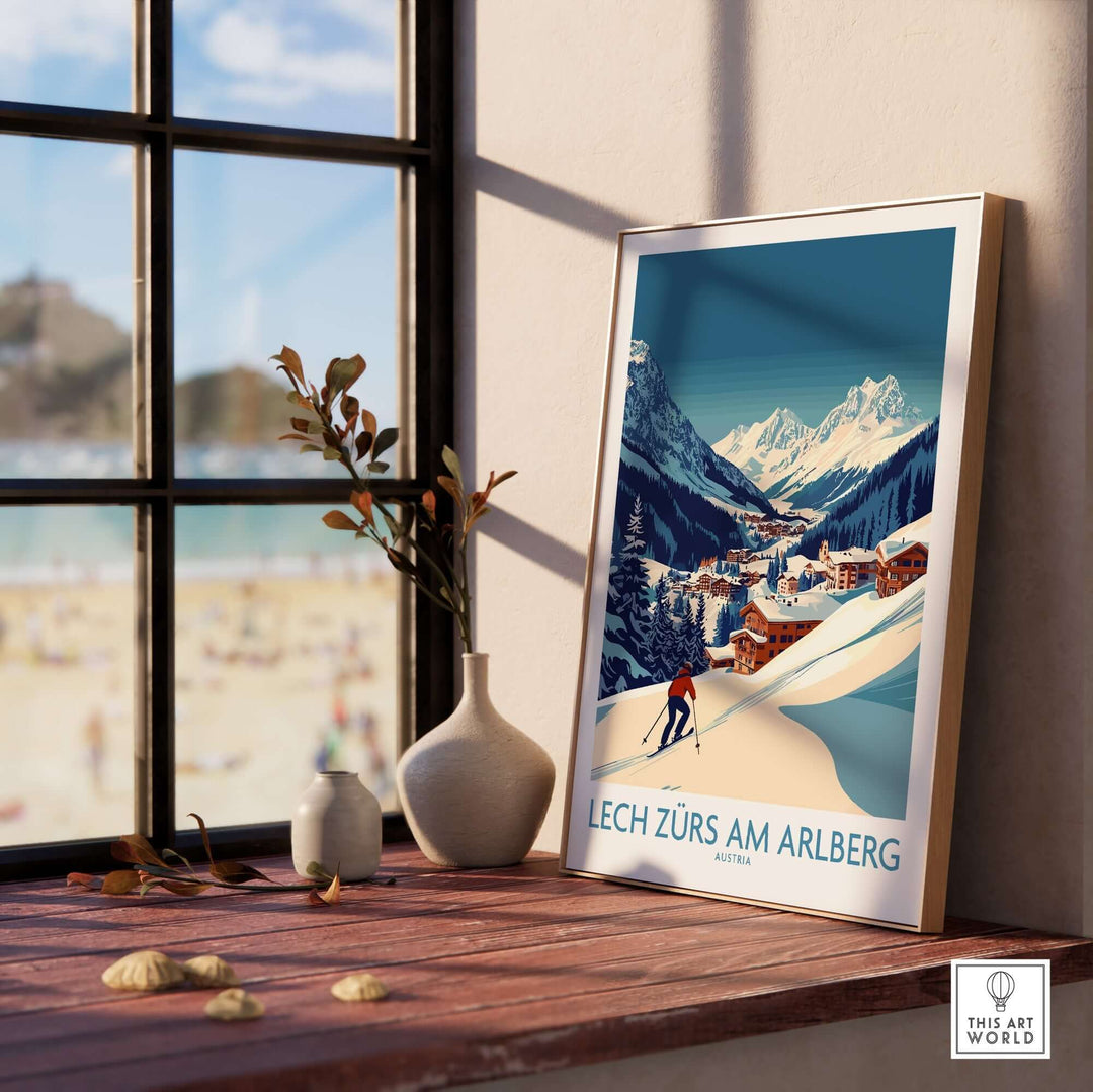 Lech Zürs am Arlberg ski poster displayed indoors, showcasing snowy mountains and a skier, perfect for adventure inspiration.