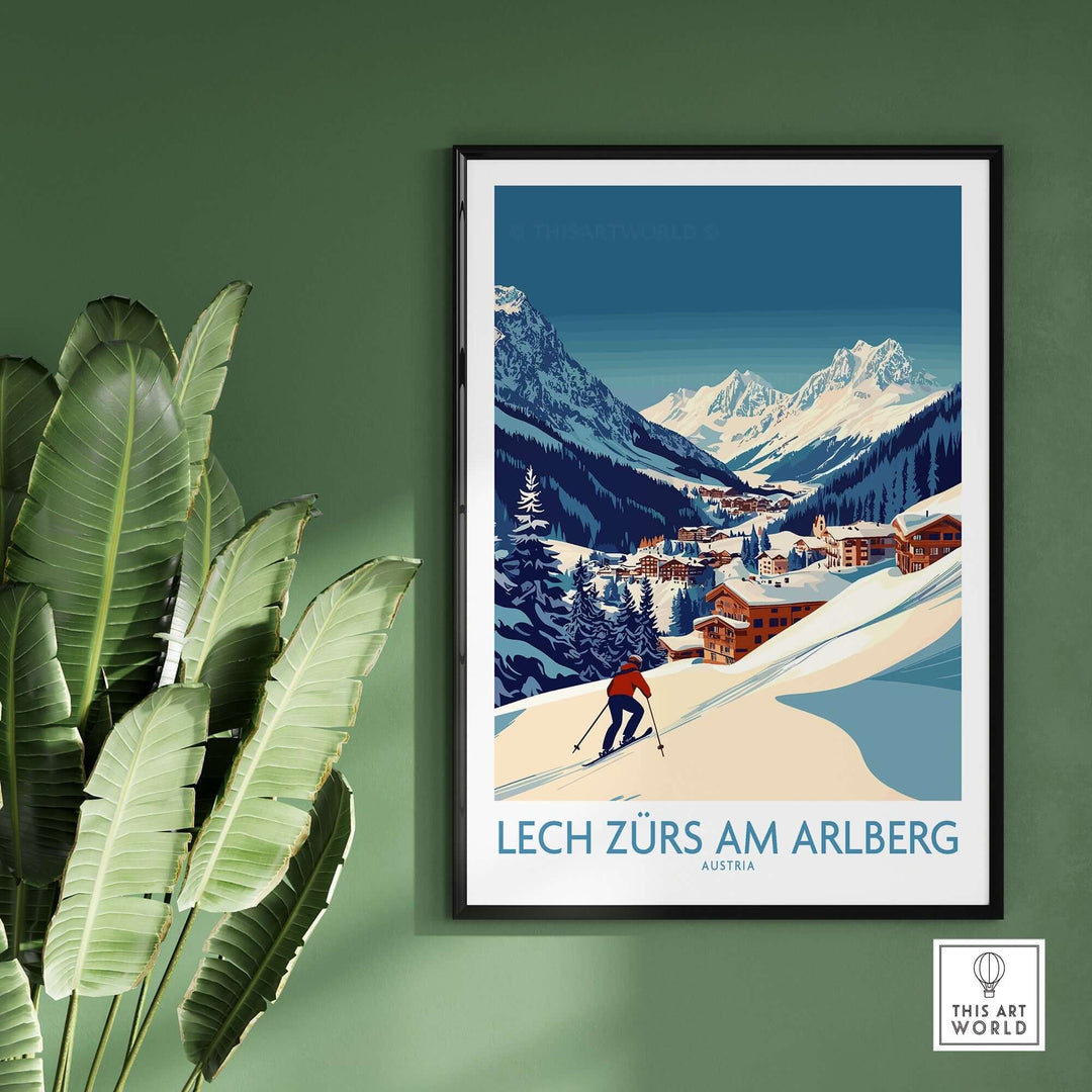 Lech Zürs am Arlberg poster showcasing a skier amid snowy mountains and picturesque chalets in Austria.