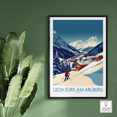 Lech Zürs am Arlberg poster showcasing a skier amid snowy mountains and picturesque chalets in Austria.