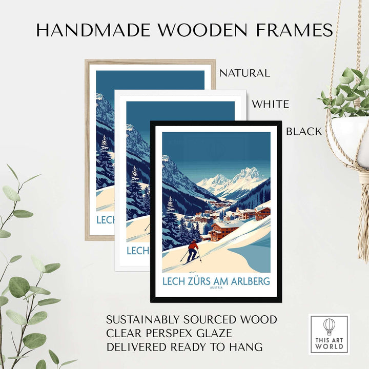 Handmade wooden frames in natural, white, and black for Lech Zürs am Arlberg poster, made from sustainably sourced wood.