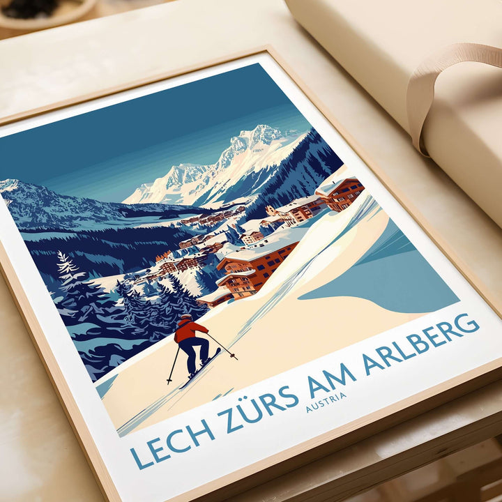 Lech Zürs am Arlberg poster showcasing ski slopes and mountains in Austria, perfect for wall decor and adventure inspiration.