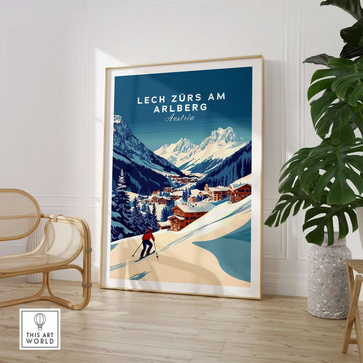 Lech Zürs am Arlberg print showcasing skiers in a snowy landscape, perfect for home decor and ski enthusiasts.