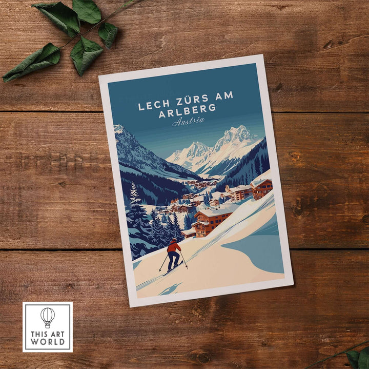 Lech Zürs am Arlberg print showcasing a skier against stunning Austrian mountain scenery, perfect for ski enthusiasts' decor.