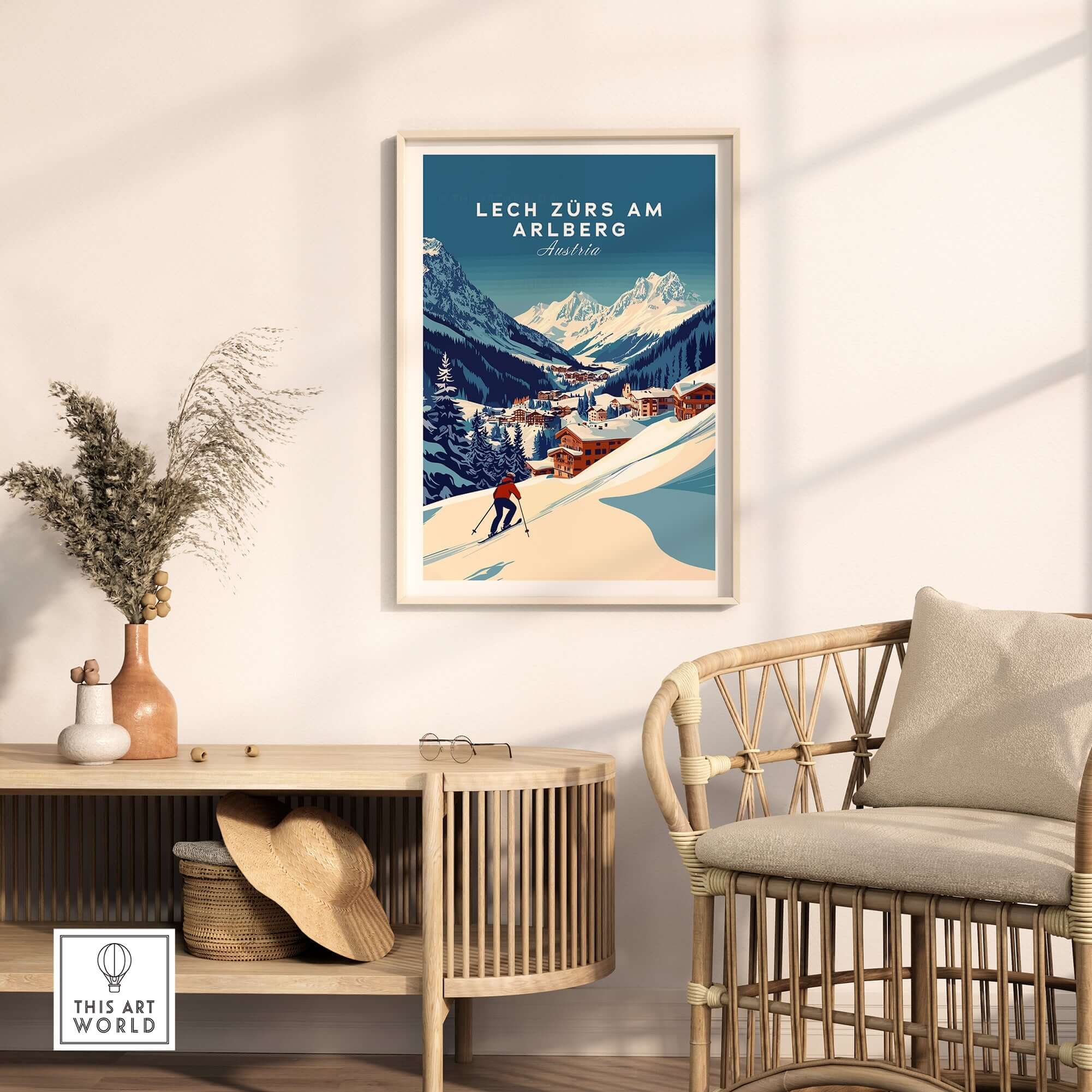 Lech Zürs am Arlberg ski print in stylish interior setting, showcasing Austrian alpine landscape and cozy decor.