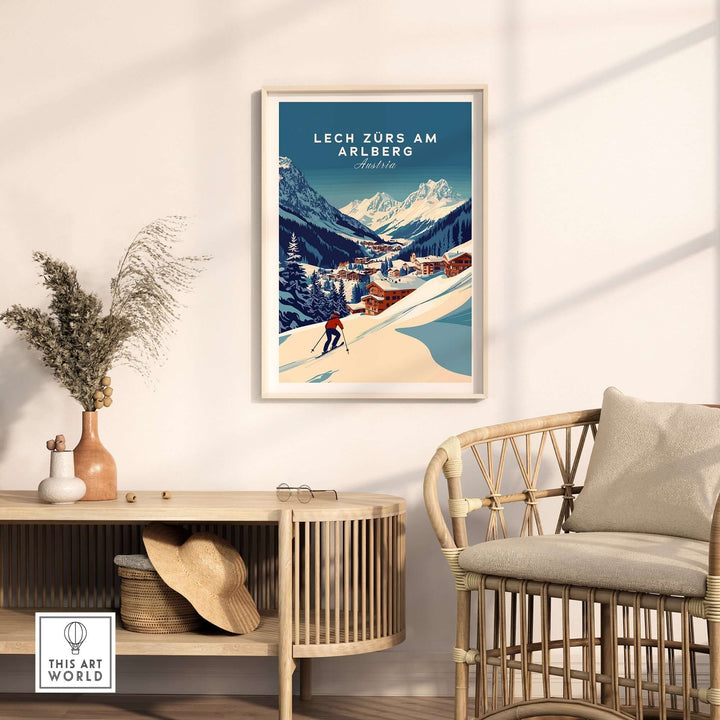 Lech Zürs am Arlberg ski print in stylish interior setting, showcasing Austrian alpine landscape and cozy decor.