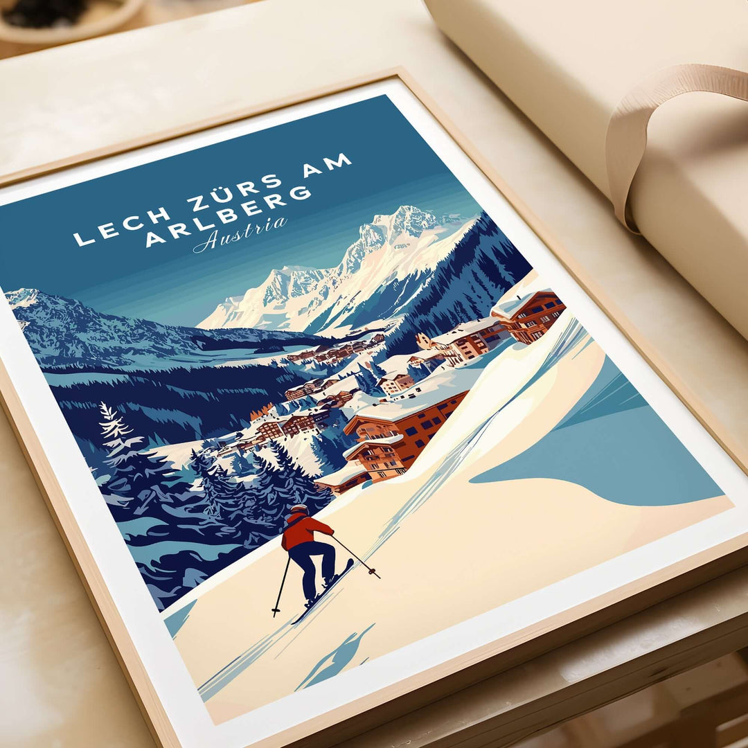 Lech Zürs am Arlberg ski print, showcasing picturesque Austrian landscapes and a skier in a framed artwork.