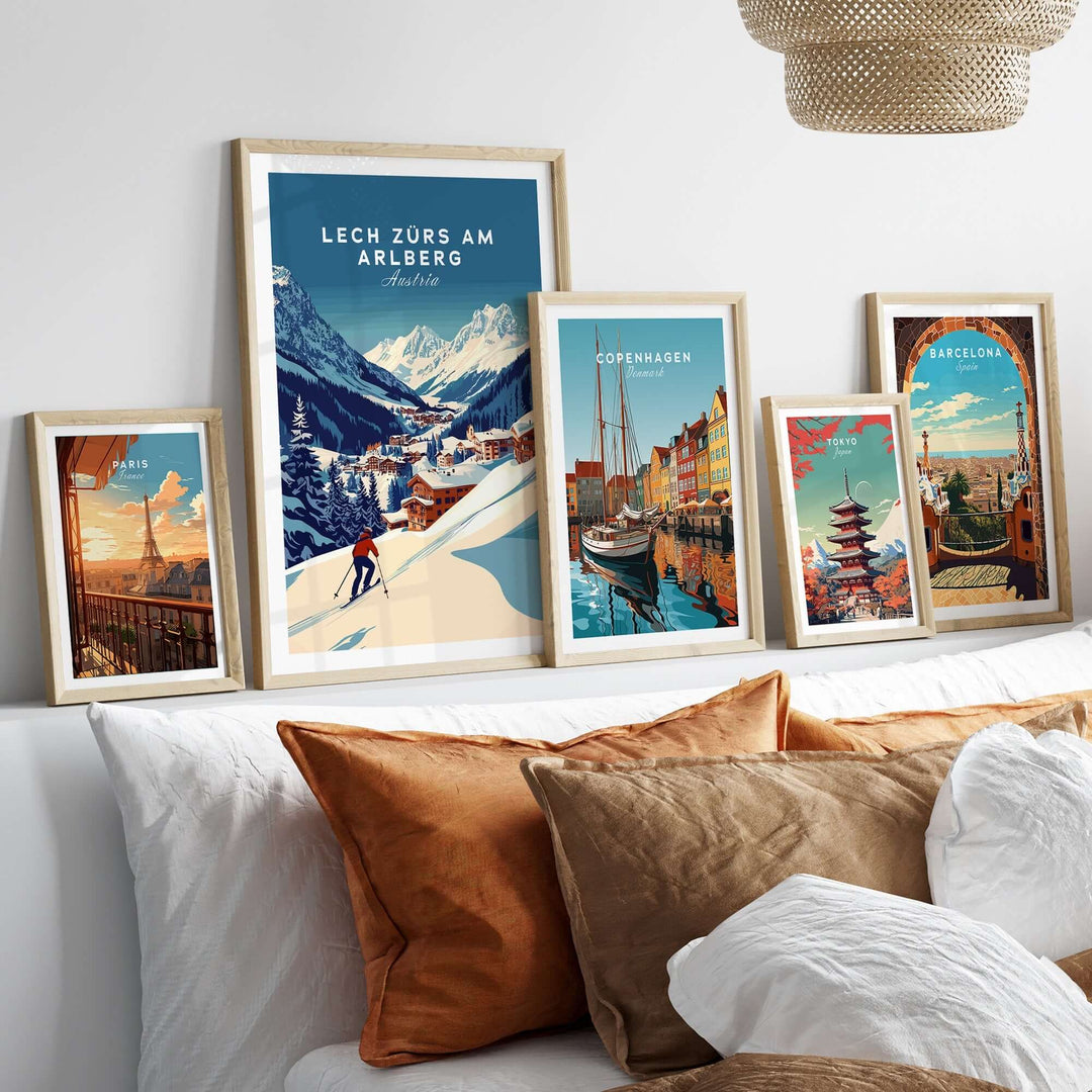 Lech Zürs am Arlberg print displayed in a cozy living room, showcasing stunning winter landscapes and ski themes.