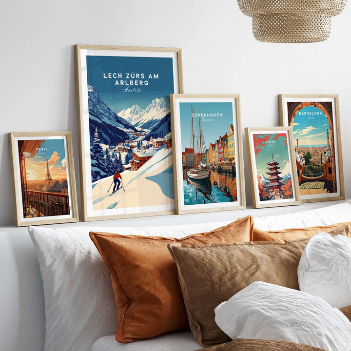 Lech Zürs am Arlberg print displayed in a cozy living room, showcasing stunning winter landscapes and ski themes.