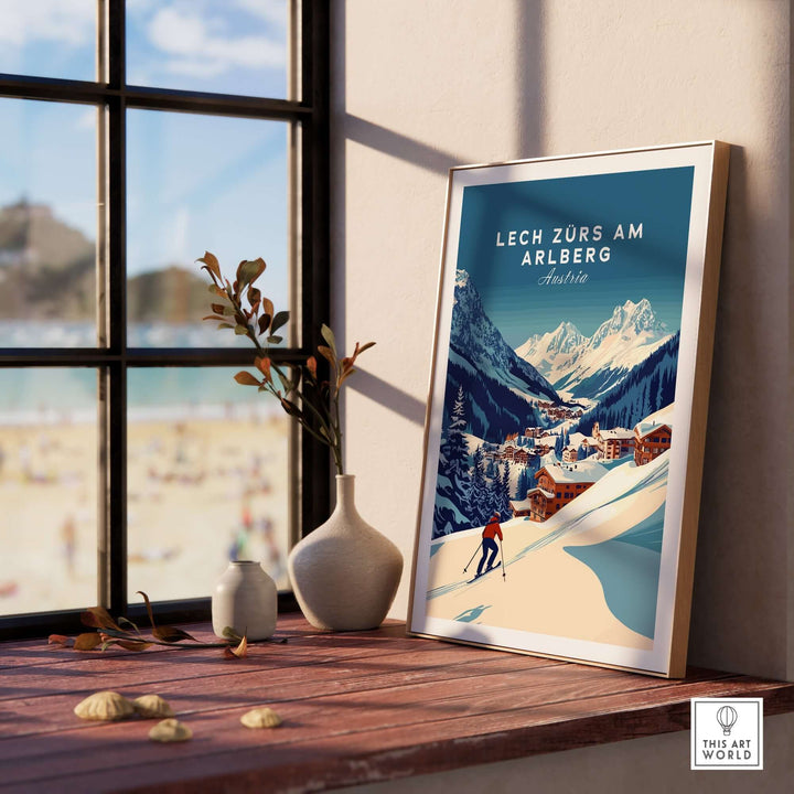 Lech Zürs am Arlberg ski print displayed in a stylish interior, showcasing winter landscapes and a skier.