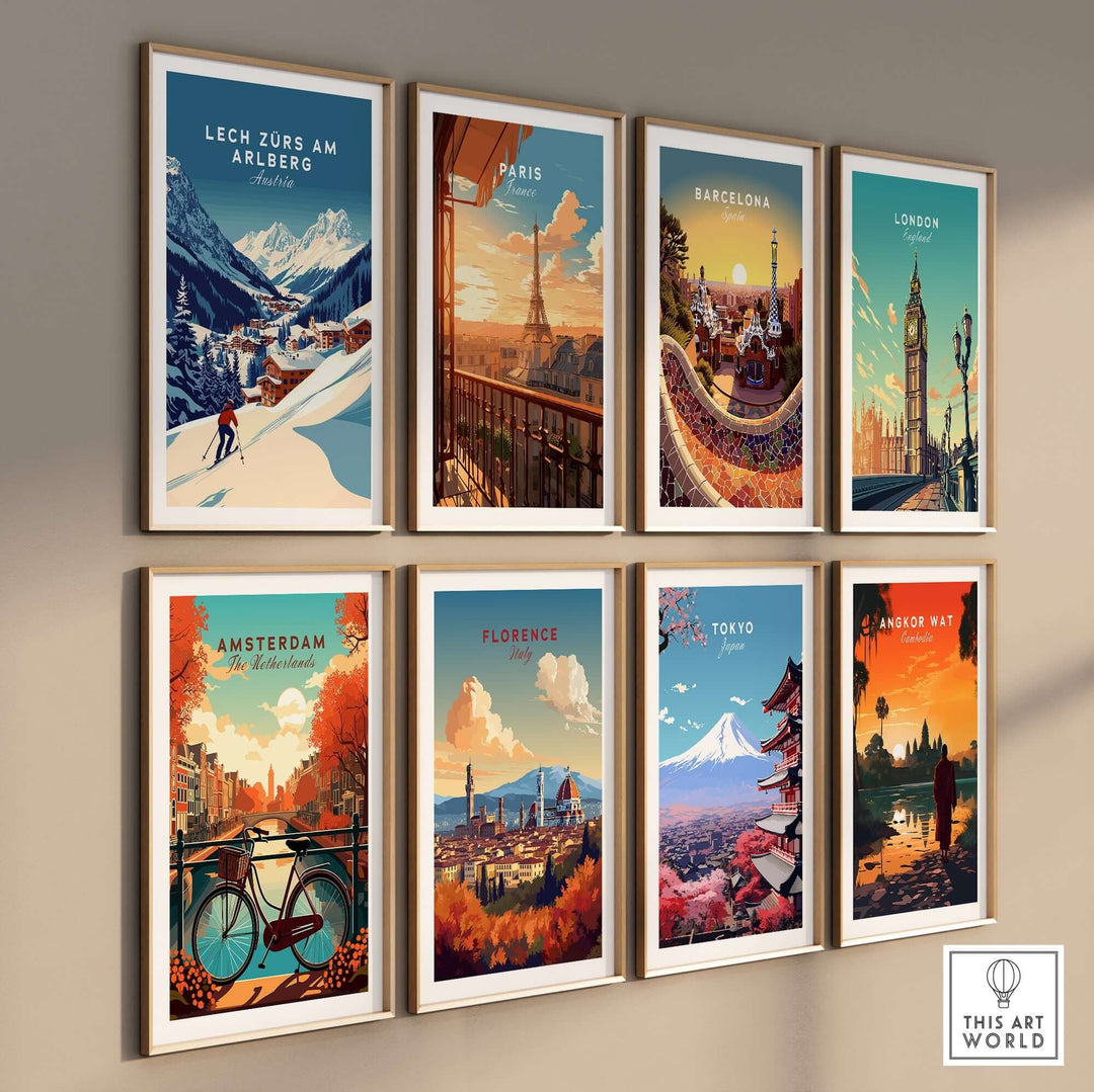 Lech Zürs am Arlberg print among framed travel artwork featuring iconic cities like Paris, Tokyo, and Barcelona.