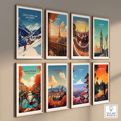Lech Zürs am Arlberg print among framed travel artwork featuring iconic cities like Paris, Tokyo, and Barcelona.
