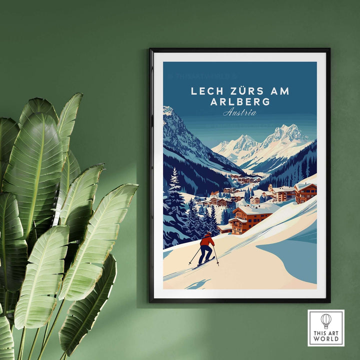 Lech Zürs am Arlberg print showcasing a skier in a snowy landscape with mountains in Austria, perfect for home decor.