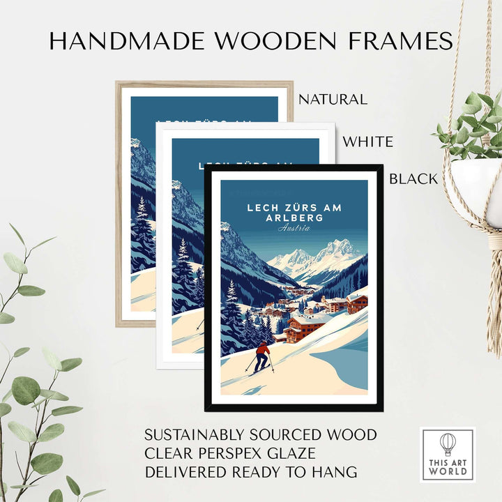 Handmade wooden frames in natural, white, and black showcasing Lech Zürs am Arlberg print, sustainably sourced and ready to hang.