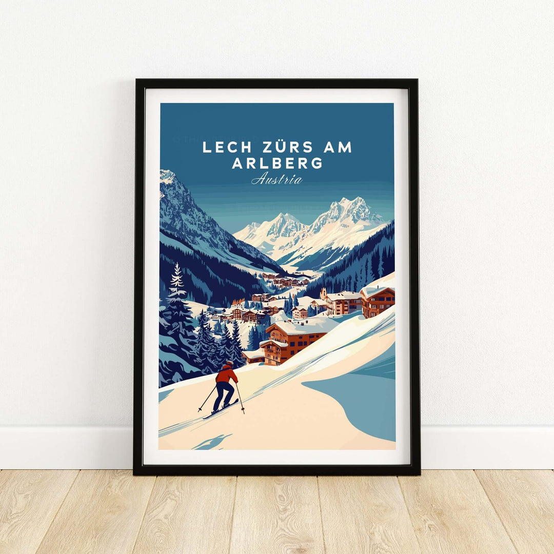 Lech Zürs am Arlberg ski print showcasing stunning alpine scenery and winter sports in Austria. Perfect for home decor.