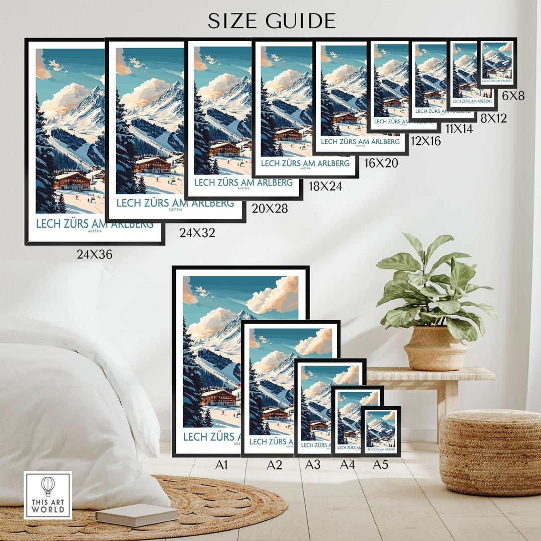 Size guide for Lech Zürs am Arlberg ski poster displayed in various frame sizes in a modern living space.