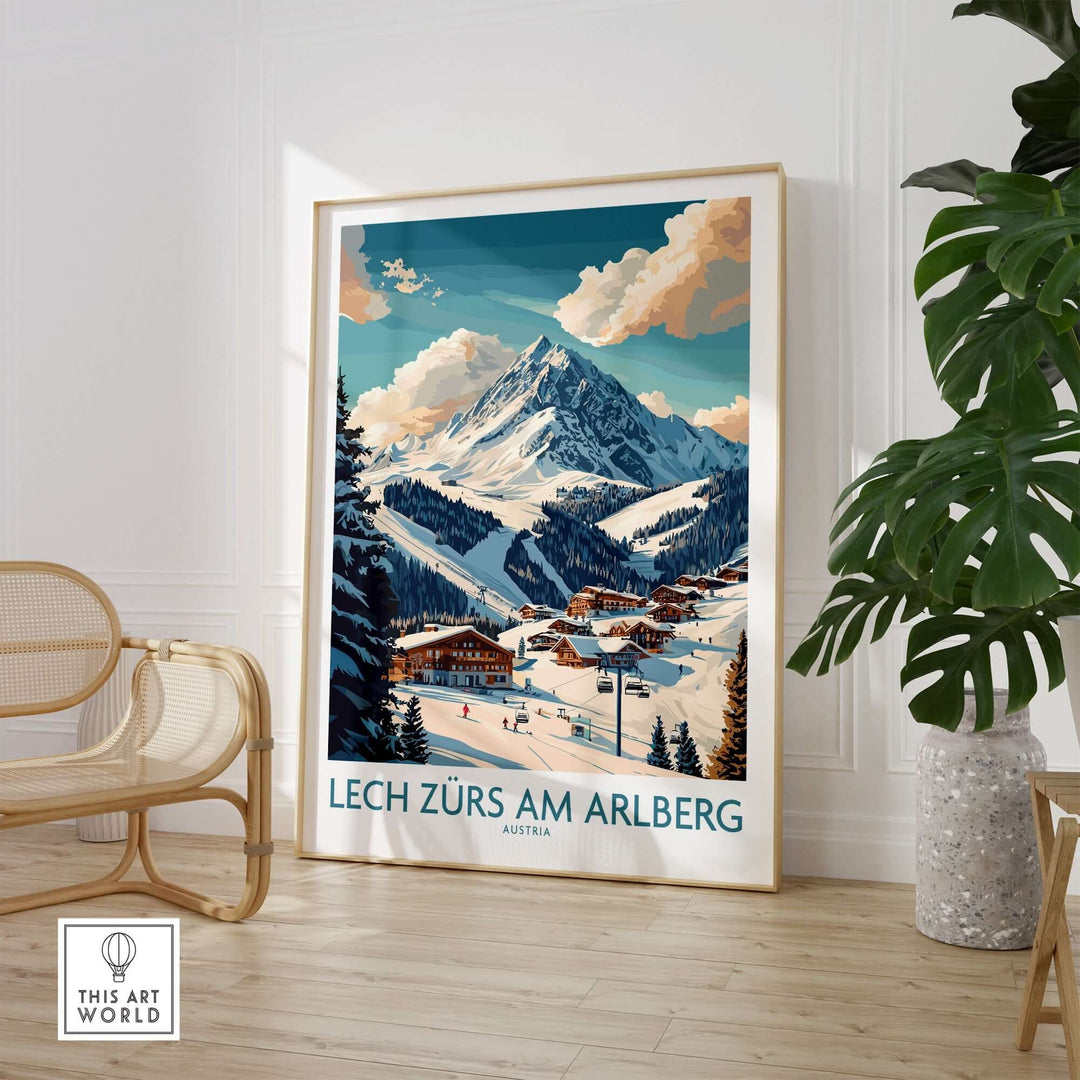 Lech Zürs am Arlberg ski poster featuring snow-covered mountains and cozy village scenery, perfect for home decor.