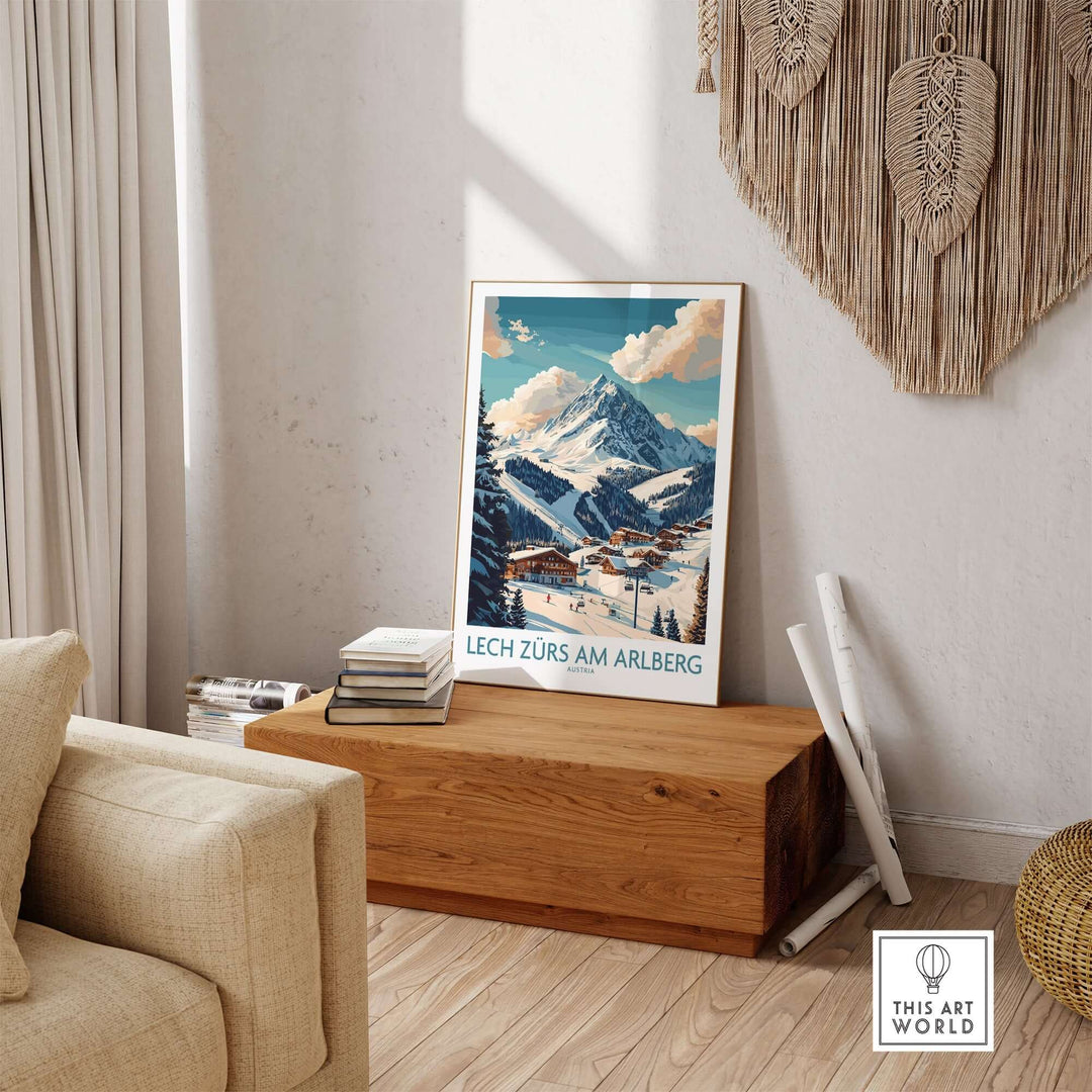 Lech Zürs am Arlberg ski poster displayed in a cozy living room with mountain views and natural decor.