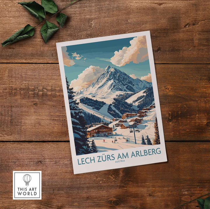 Lech Zürs am Arlberg ski poster featuring stunning mountain scenery in Austria on a wooden surface.