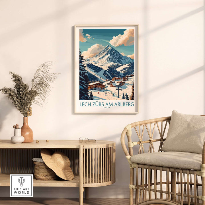 Lech Zürs am Arlberg ski poster displayed in a stylish room with a mountain view, showcasing winter adventure vibes.