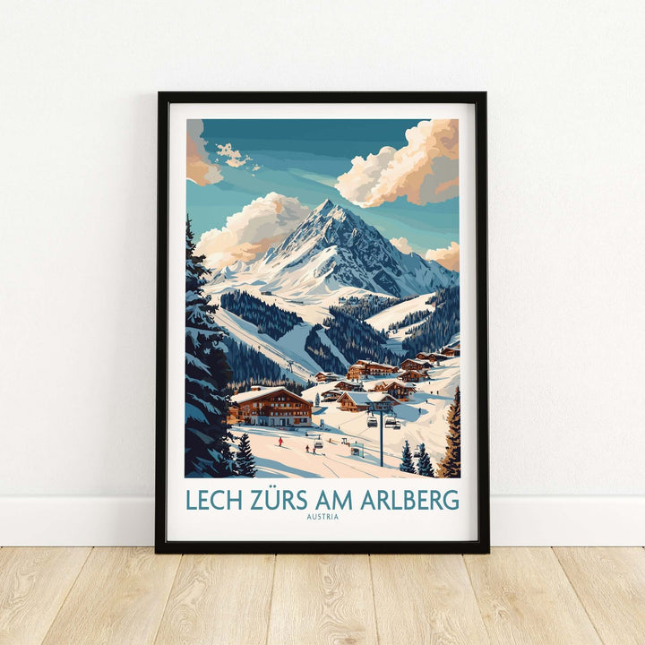 Lech Zürs am Arlberg ski poster showcasing snowy mountain slopes and charming alpine village in Austria.