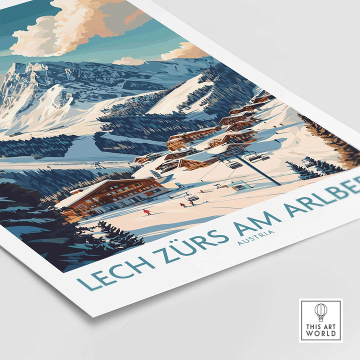 Lech Zürs am Arlberg ski poster showcasing snowy slopes and picturesque mountain village in Austria.