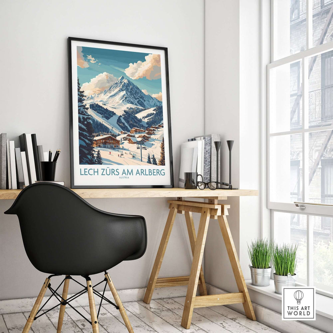 Lech Zürs am Arlberg ski poster displayed in a stylish interior, highlighting beautiful mountain scenery and skiing vibes.