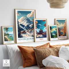 Display of travel posters including Lech Zürs am Arlberg, showcasing stunning landscapes and adventure destinations.