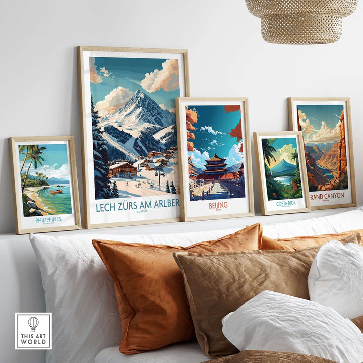 Display of travel posters including Lech Zürs am Arlberg, showcasing stunning landscapes and adventure destinations.