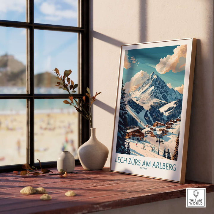 Lech Zürs am Arlberg ski poster displayed indoors, showcasing the stunning mountain landscape and cozy village atmosphere.