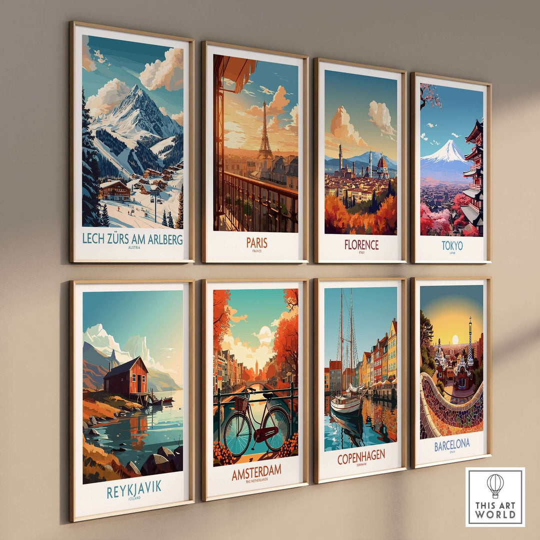 Collection of travel posters featuring Lech Zürs am Arlberg, Paris, Florence, Tokyo, Reykjavik, Amsterdam, Copenhagen, and Barcelona.