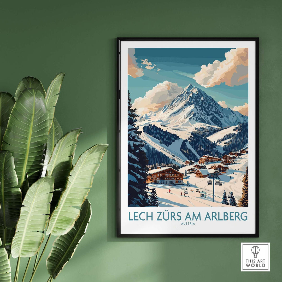 Lech Zürs am Arlberg ski poster featuring snow-covered mountains and charming chalets, perfect for ski enthusiasts and home decor.