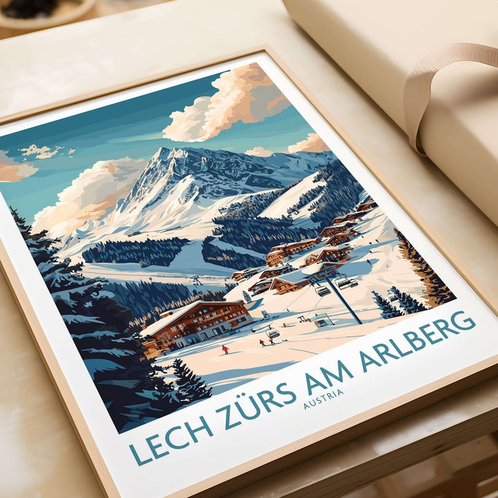 Lech Zürs am Arlberg ski poster showcasing snowy mountains and cozy chalets in Austria, perfect for winter sports enthusiasts.