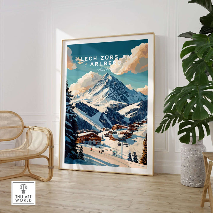 Lech Zürs am Arlberg ski print showcasing snowy mountains and alpine village, perfect for ski enthusiasts' decor.