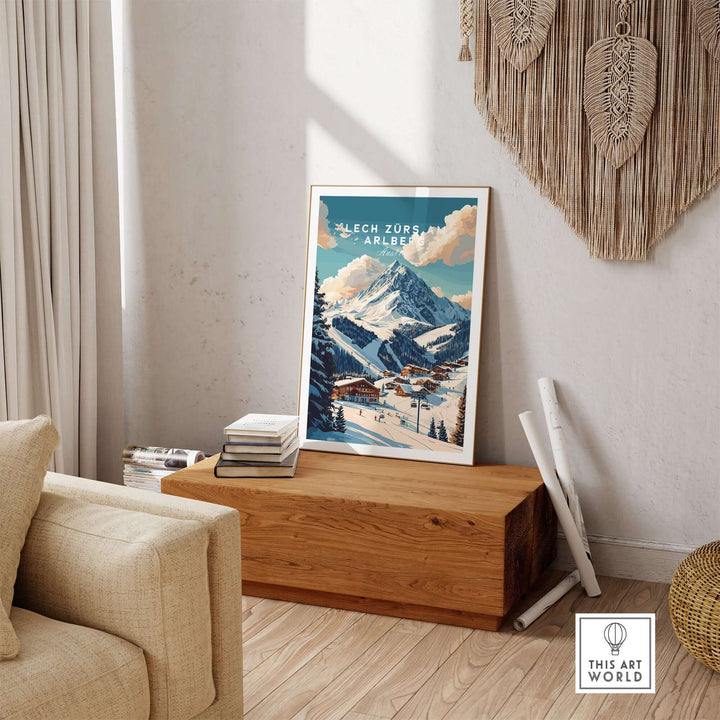 Lech Zürs am Arlberg ski print displayed in a cozy living room with wooden decor and a mountain backdrop.