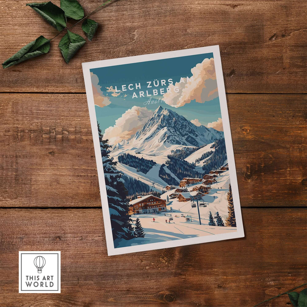 Vintage-style ski print of Lech Zürs am Arlberg showcasing snowy slopes and alpine scenery on a rustic wooden background.