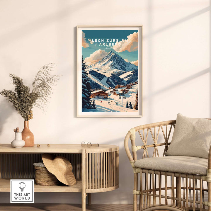 Lech Zürs am Arlberg ski print displayed in a modern interior setting, highlighting snowy mountain views and cozy decor.